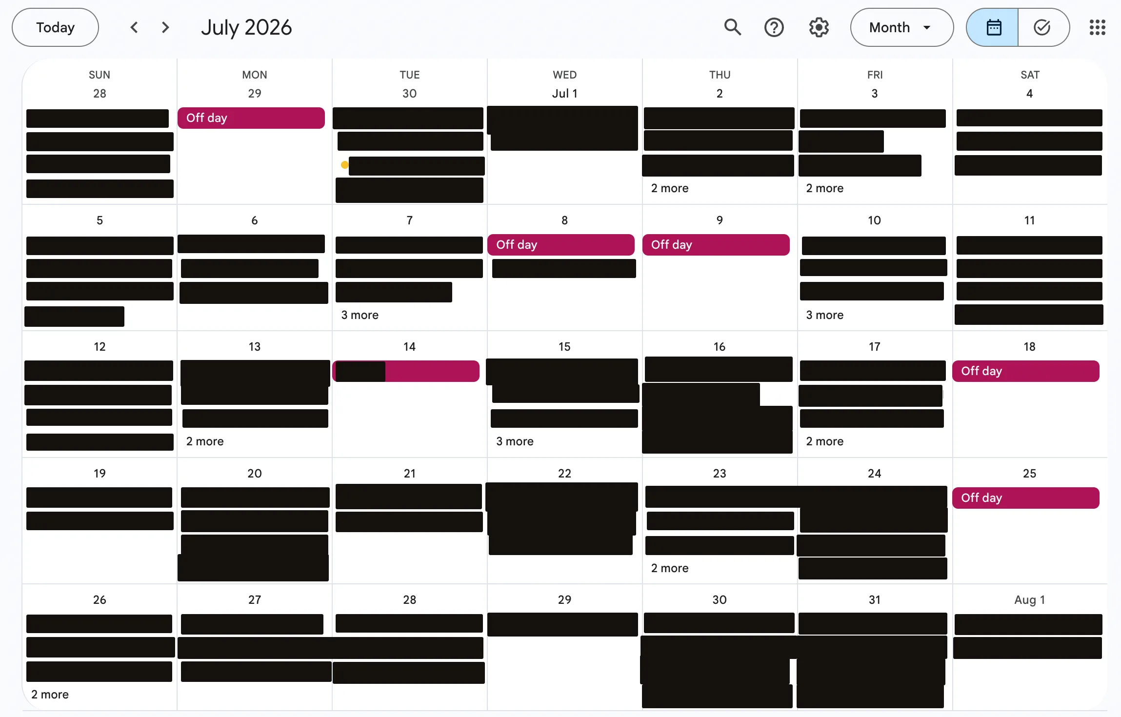 A month view of the same booking calendar for July 2026, most days carrying three to five jobs with overflow indicators, every customer name covered by a redaction bar.