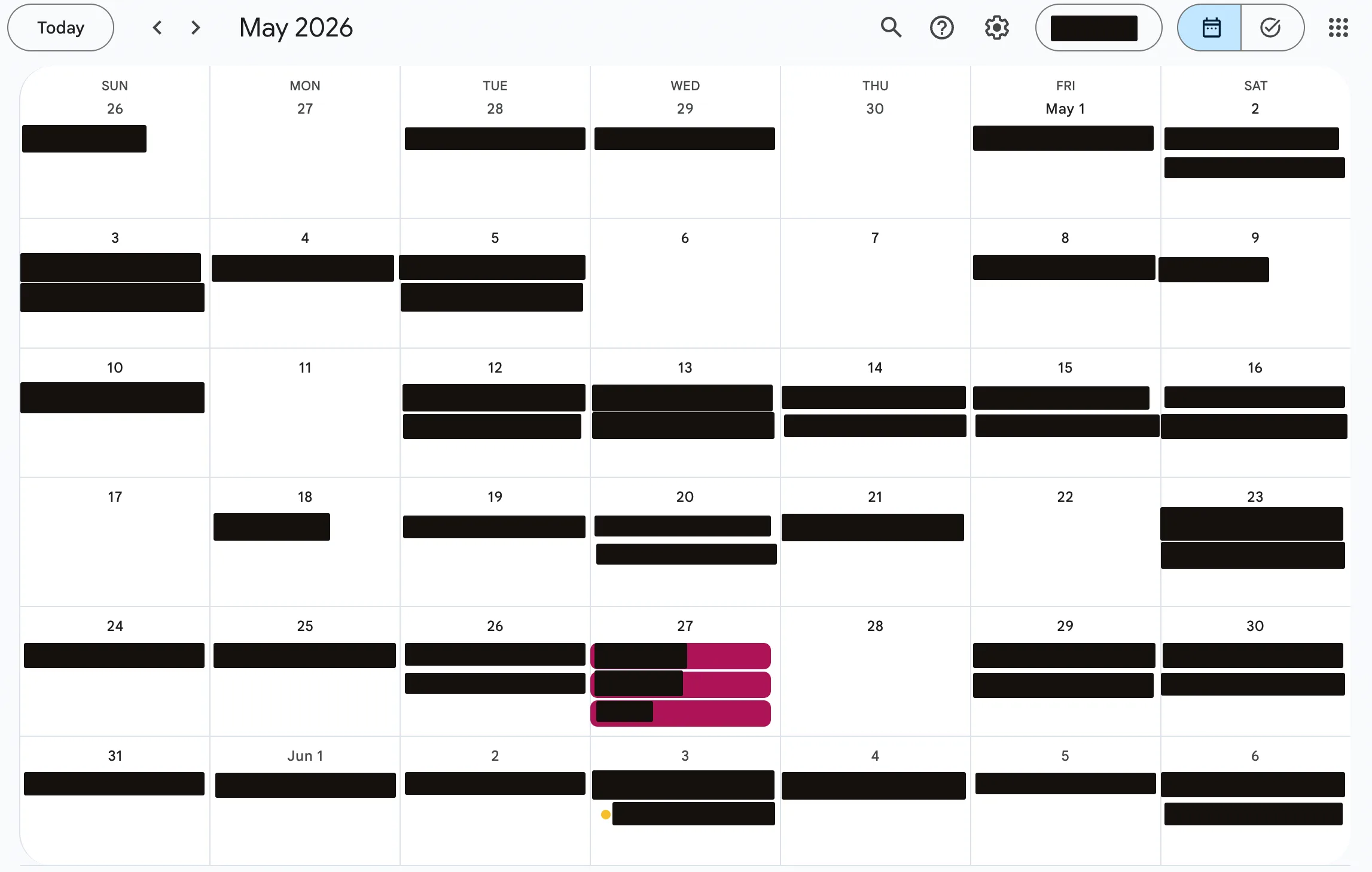 A month view of a booking calendar for May 2026 with roughly one or two jobs a day, every customer name covered by a redaction bar.