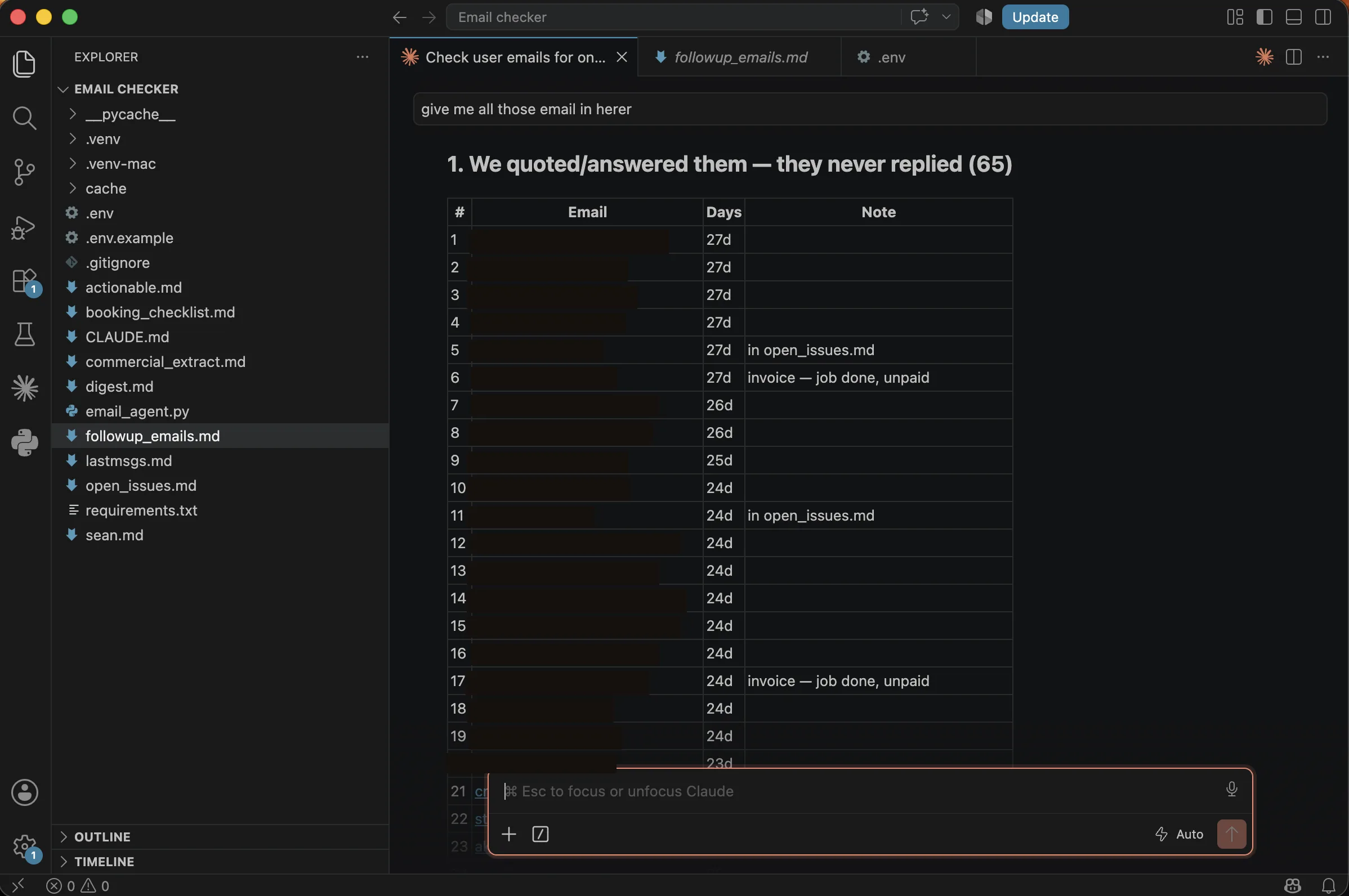 A terminal running an email agent, listing quoted customers who never replied with the number of days elapsed, every address covered by a redaction bar.