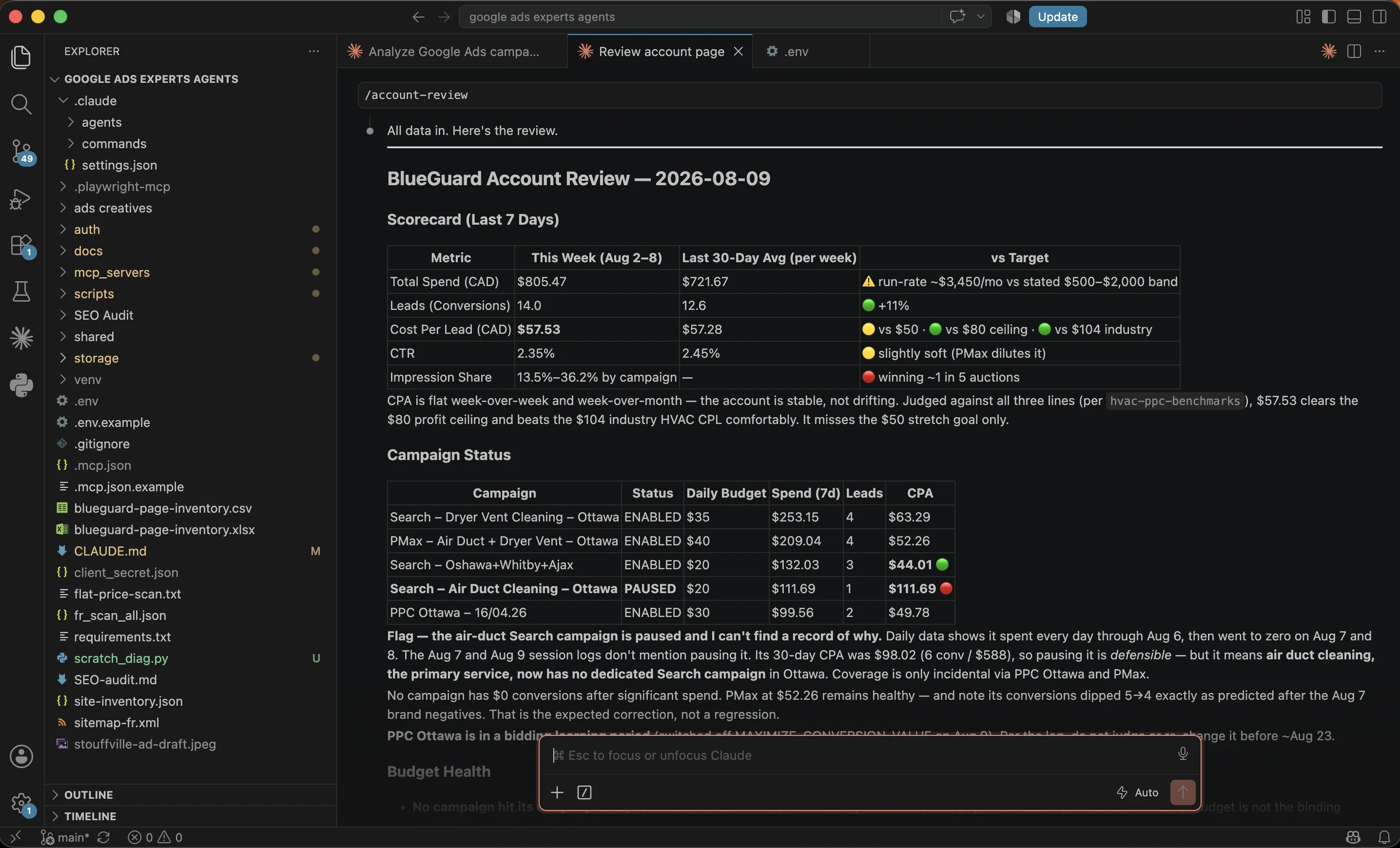 An AI agent's Google Ads account review listing campaigns with their status, daily budget, seven-day spend, leads and cost per acquisition, plus a flag about a paused campaign.