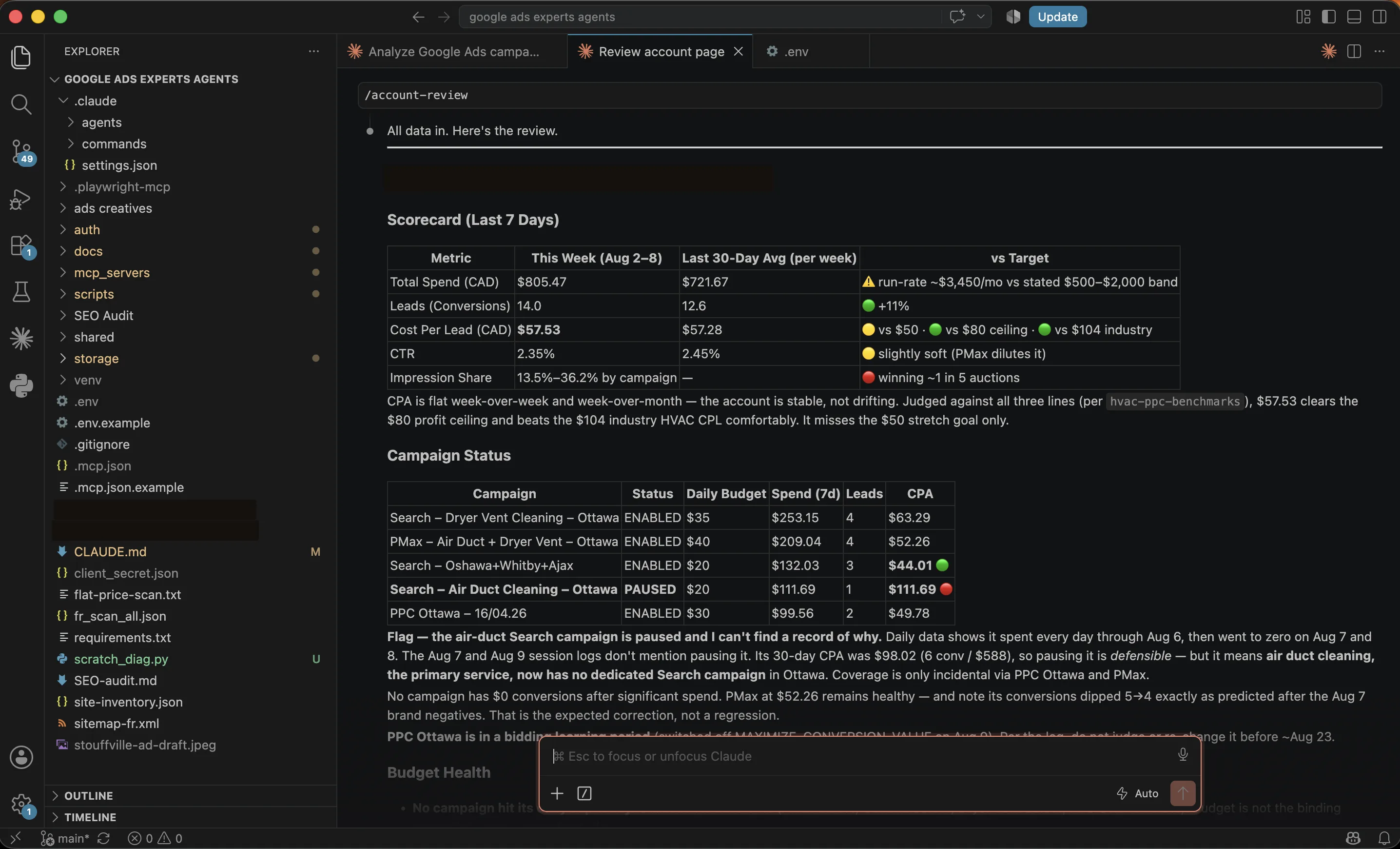 An AI agent's Google Ads account review listing campaigns with their status, daily budget, seven-day spend, leads and cost per acquisition, plus a flag about a paused campaign.