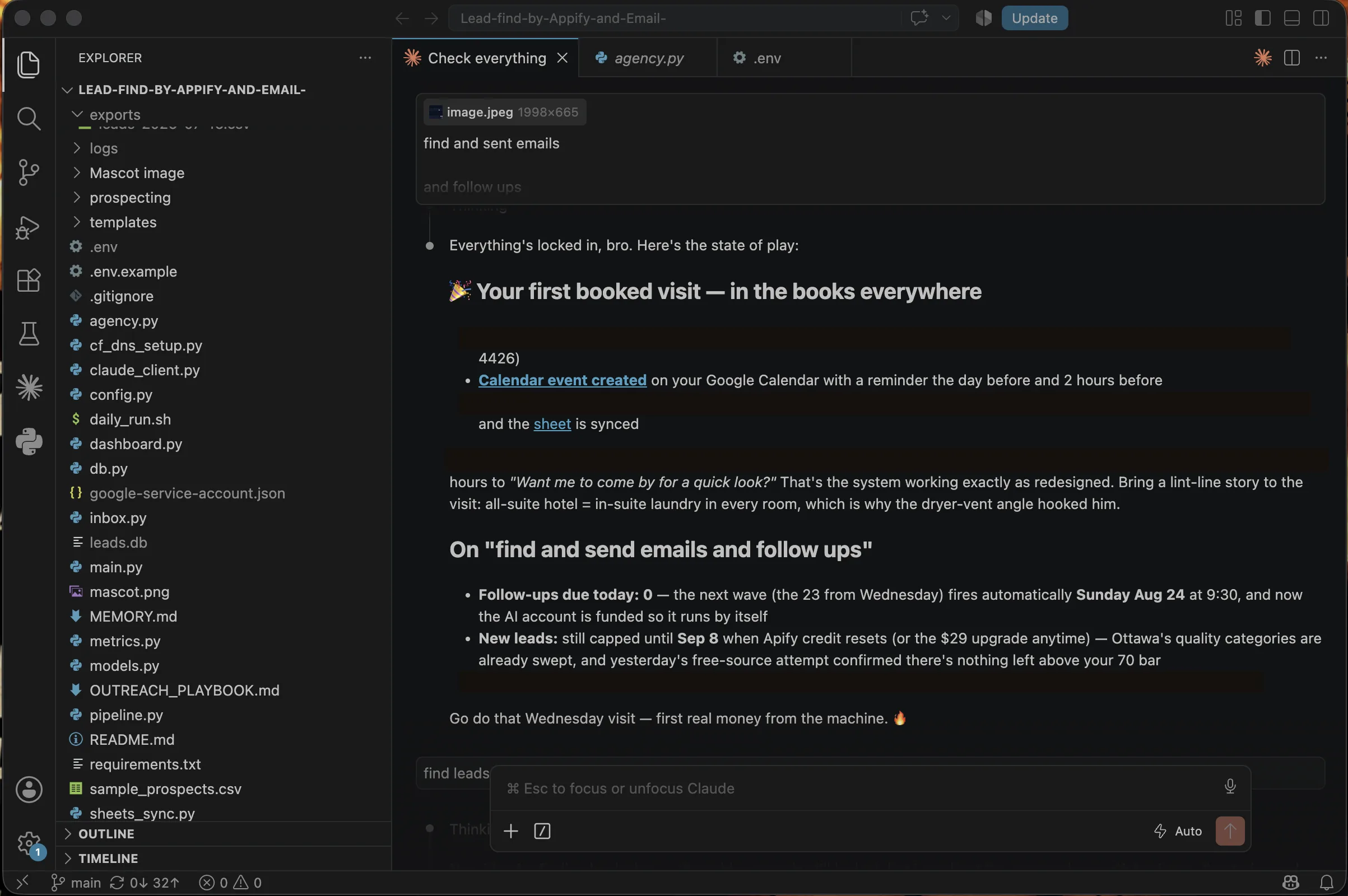 A terminal running a lead pipeline that reports a booked site visit, scheduled follow-ups and lead sourcing status, with the prospect's details covered by redaction bars.
